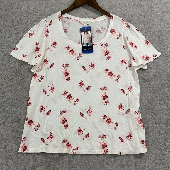 NEW Lucky Brand Womens L Floral Print T-Shirt White & Red Cotton/Modal - Picture 1 of 7